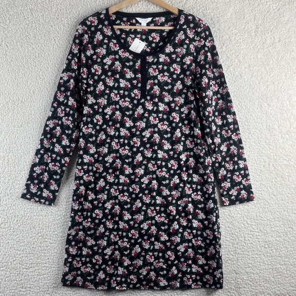NWT Charter Club Womens Black And Pink Floral Long Sleeve Cotton Sleep Dress S - Picture 1 of 12